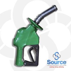 7HB Series Green Diesel/B20 Pressure-Sensing Automatic Prepay Nozzle With 1 Inch NPT Inlet, 1-Piece Hand Insulator, Aluminum Spout With Spout Ring, And 3-Position Hold-Open Rack. UL 2586 Listed. 7HB Series Green Diesel/B20 Pressure-Sensing Automatic Prepay Nozzle With 1 Inch NPT Inlet, 1-Piece Hand Insulator, Aluminum Spout With Spout Ring, And 3-Position Hold-Open Rack. UL 2586 Listed.