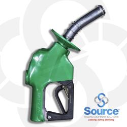 7HB Series Green Diesel/B5 Pressure-Sensing Automatic Prepay Nozzle With 1 Inch NPT Inlet, 1-Piece Hand Insulator, Aluminum Spout With Spout Ring, And 3-Position Hold-Open Rack. UL 2586 Listed. 7HB Series Green Diesel/B5 Pressure-Sensing Automatic Prepay Nozzle With 1 Inch NPT Inlet, 1-Piece Hand Insulator, Aluminum Spout With Spout Ring, And 3-Position Hold-Open Rack. UL 2586 Listed.